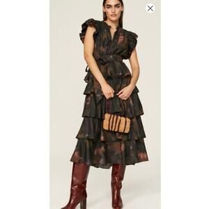 MARIE OLIVER Black Tie-dye Silk Blend Ruffled Sleeves Tiered Skirt Emery Dress L